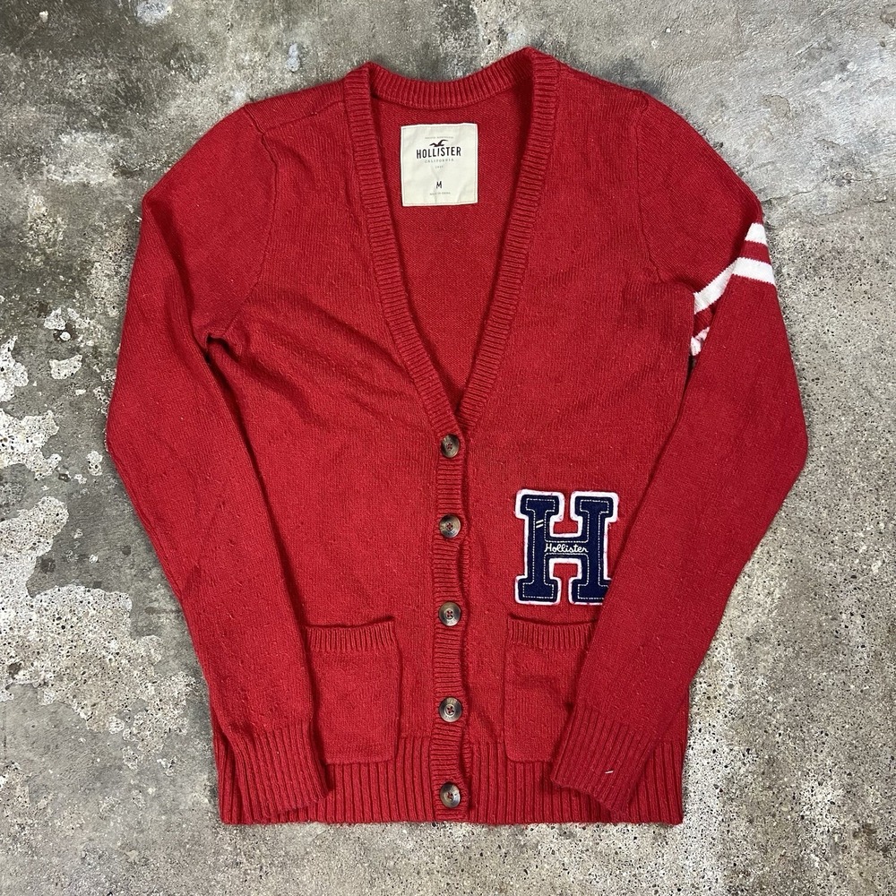 Vintage Y2K‎ Hollister Varsity Knit Cardigan Size Medium Red Embroidered Logo